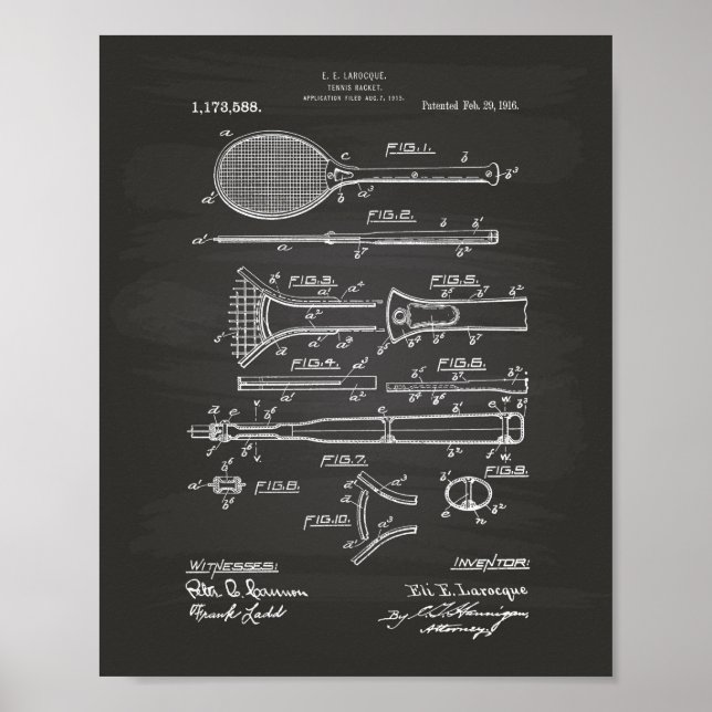 Pôster Tênis Racket 1916 - Patent Art - Chalkboard (Frente)