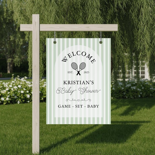 Poster Tênis verde pré-disquete bem-vindo (elegant green and white baby shower sign shown displayed on a hanging easel for chic welcome)