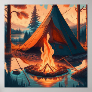 Poster Tent and Campfire Vintage Colors Art