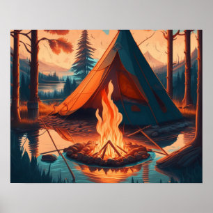 Poster Tent and Campfire Vintage Colors Art