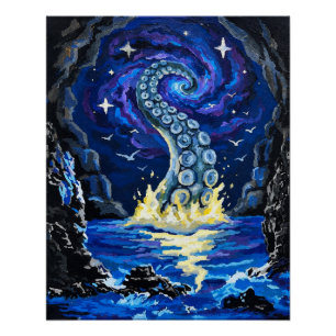 Pôster Tenta de Kraken Cósmico Arte Oceânico