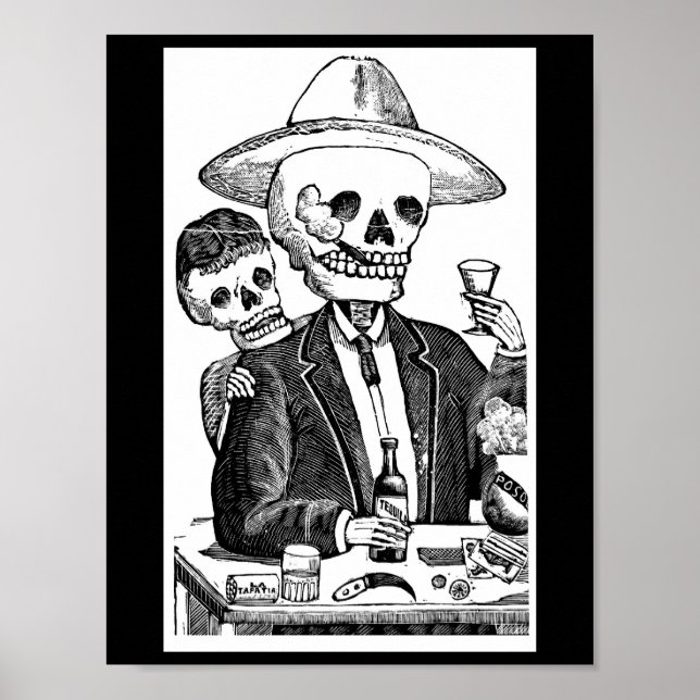 Poster Tequila de Bebendo de esqueleto e fumaça (Frente)