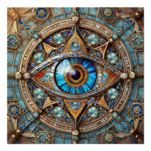 Pôster Terceiro Olho - Mandala Dourada Azul Turquesa