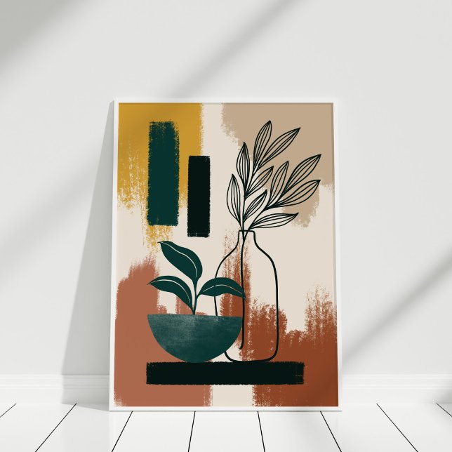 Poster Terracotta Burnt Orange Abstrato Botanical (Terracotta Burnt Orange Abstract Botanical Poster in white frame.)
