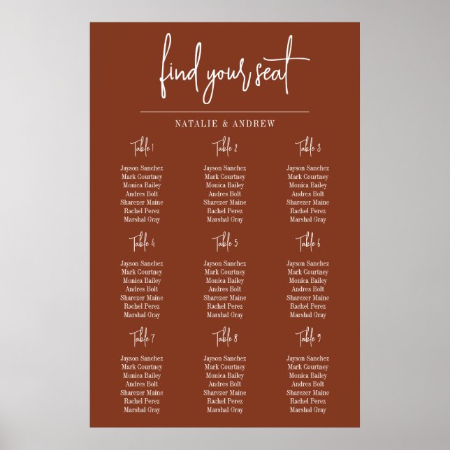Poster Terracotta Burnt Unumber Script 9 Casamento Seat C (Frente)