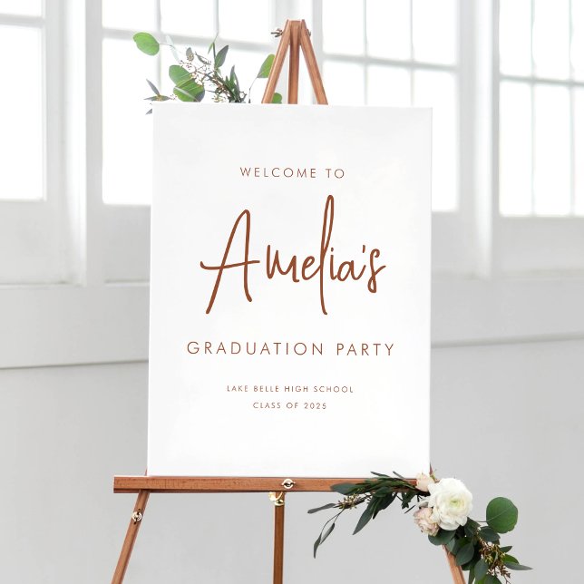 Poster Terracotta Handwrite Festa de formatura Welcome (Customizable boho graduation party welcome sign featuring terracotta handwriting. )