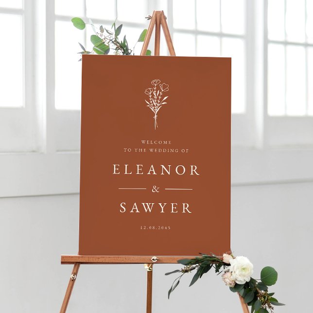 Poster Terracotta Minimalist Floral Buquê Wedding Poste (Customizable terracotta wedding sign featuring minimalist floral bouquet. Available in other colors )