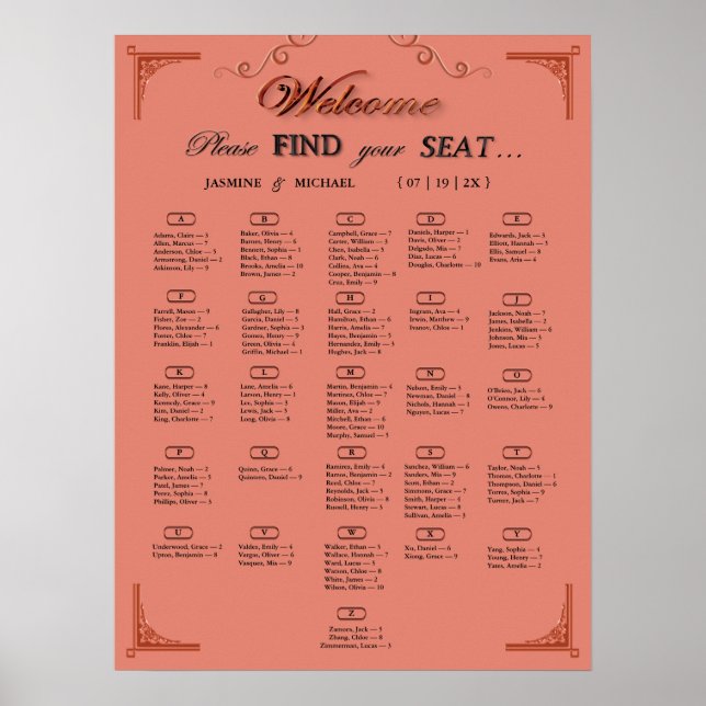 Poster Terracotta Rust Alphabetical Wedding Seating Chart (Frente)