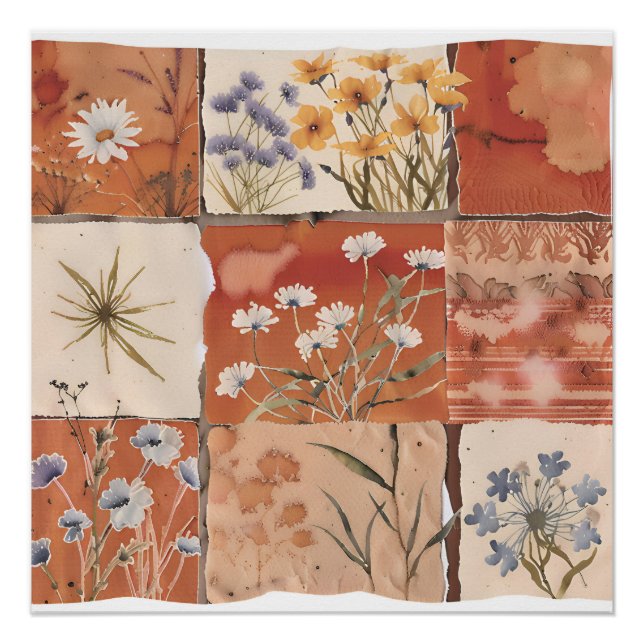 Pôster Terracotta Wildflower Patchwork Rustic Boho Primav (Frente)