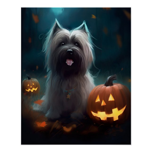Pôster Terrier Skye de Halloween com Abóboras Assustador (Frente)