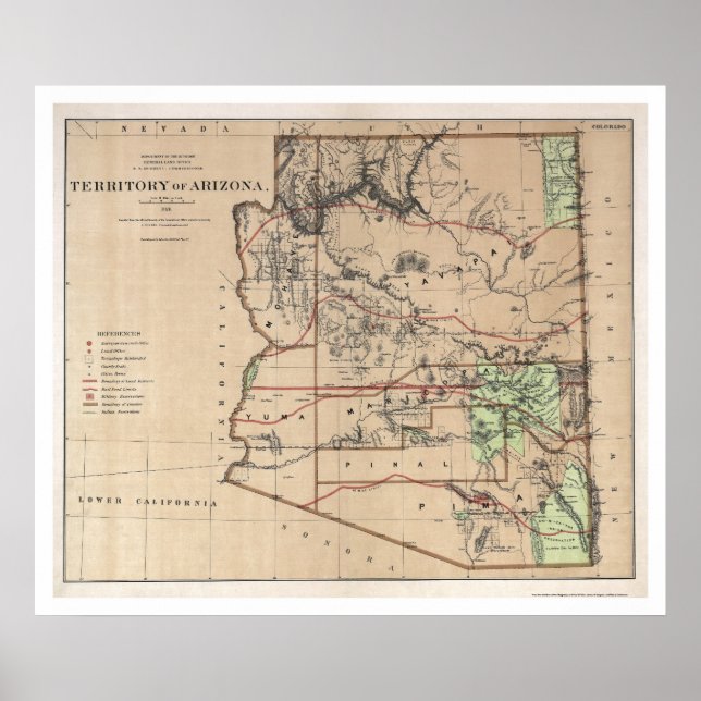 Pôster Território Do Mapa De Arizonas De 1876 (Frente)