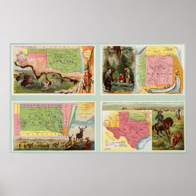 Pôster Território Indiano, Novo México, Dakota do Sul, Te (Frente)