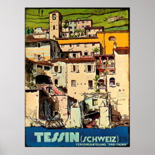 Poster Tessin houses em frente ao porto da cidade,Suiça