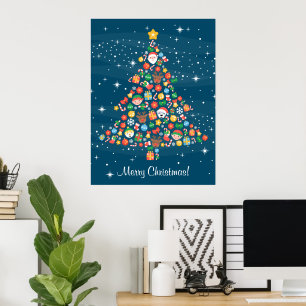 Poster Teste padrão alegre da árvore de Natal no azul