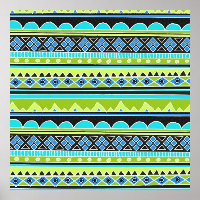 Poster Teste padrão tribal verde e azul de néon (Frente)