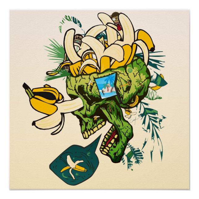 Pôster Tete de mort Crâne rempli de banane avec des singe (Frente)