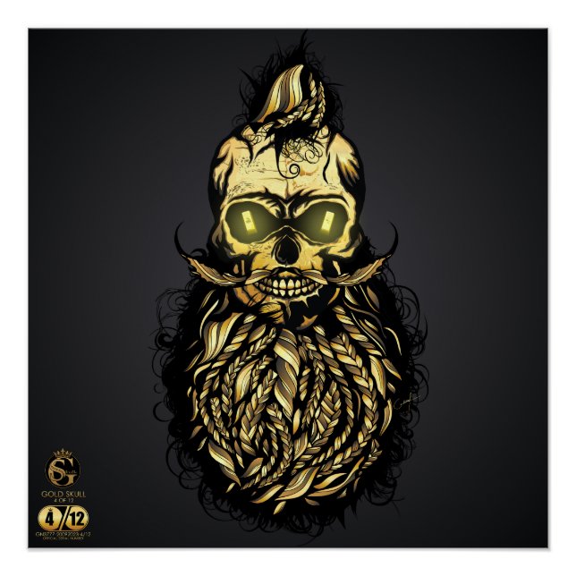 Pôster Tête de mort hipster skulls barbe et moustache or (Frente)