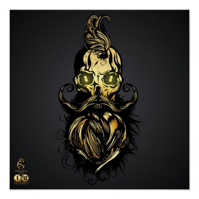 Pôster Tête de mort hipster skulls barbu et moustachu or (Frente)
