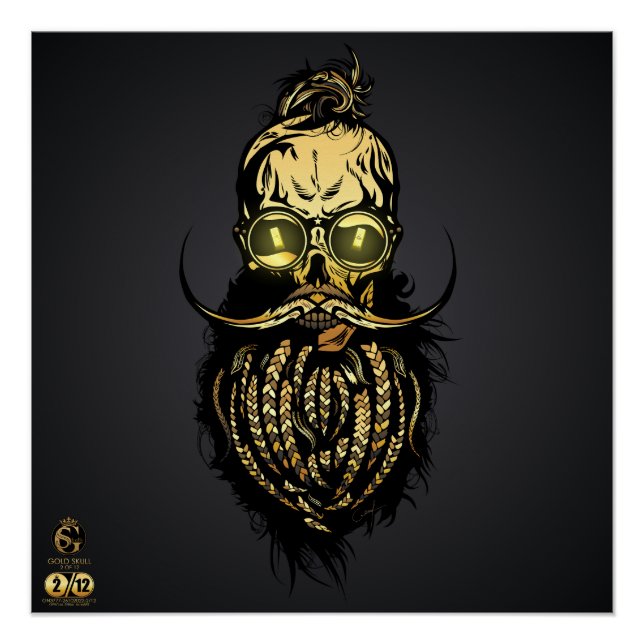 Pôster Tête de mort hipster skulls barbu et moustachu or (Frente)