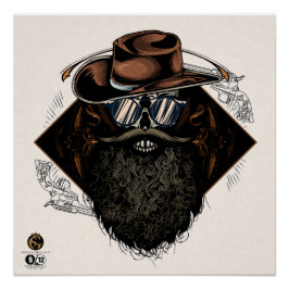 Pôster Tête de mort hipster skulls cowboy barbu