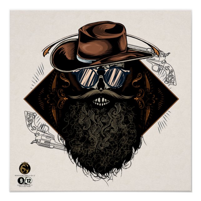 Pôster Tête de mort hipster skulls cowboy barbu (Frente)