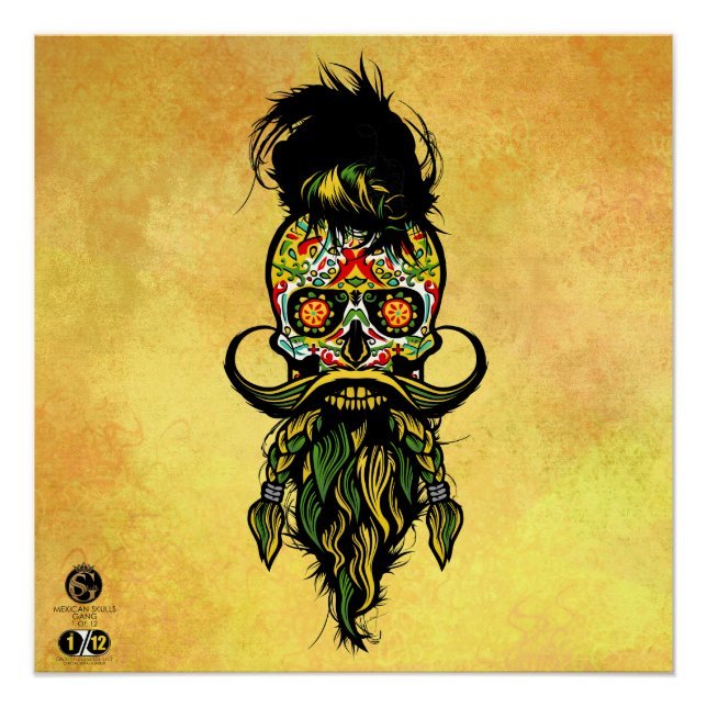 Pôster Tête de mort mexicaine hipster skulls barbu et mou (Frente)