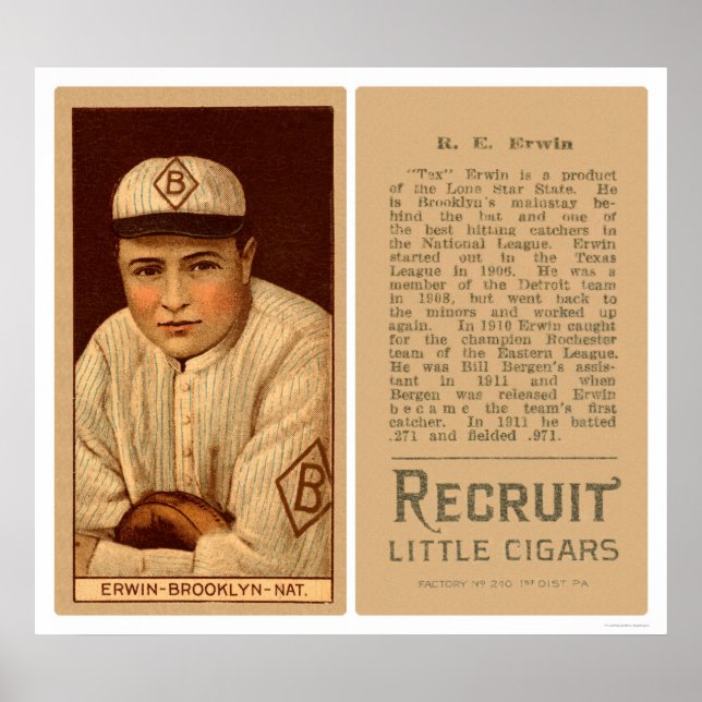 Pôster Tex Erwin Dodgers Baseball 1912 (Frente)
