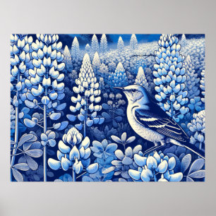 Poster Texas Bluebonnets e Norte Mockingbird Texan