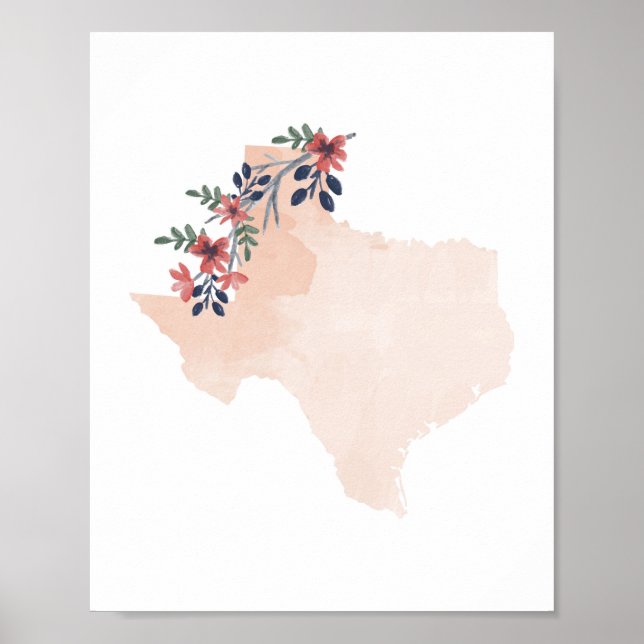 Poster Texas Floral Watercolor State (Frente)
