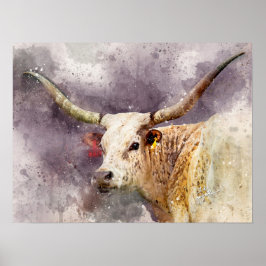 Poster Texas Longhorn Watercolor - Fotografia de Belas Ar