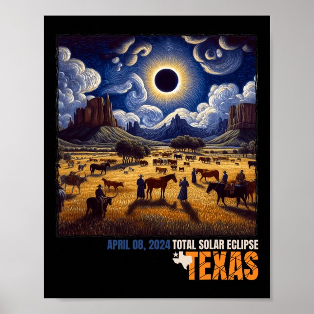 Poster Texas Total Solar Eclipse 8 de abril de 2024 Texas (Frente)