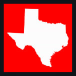 Pôster Texas Vermelho e Branco<br><div class="desc">Forma do mapa branco do estado do Texas contra vermelho vivo.</div>