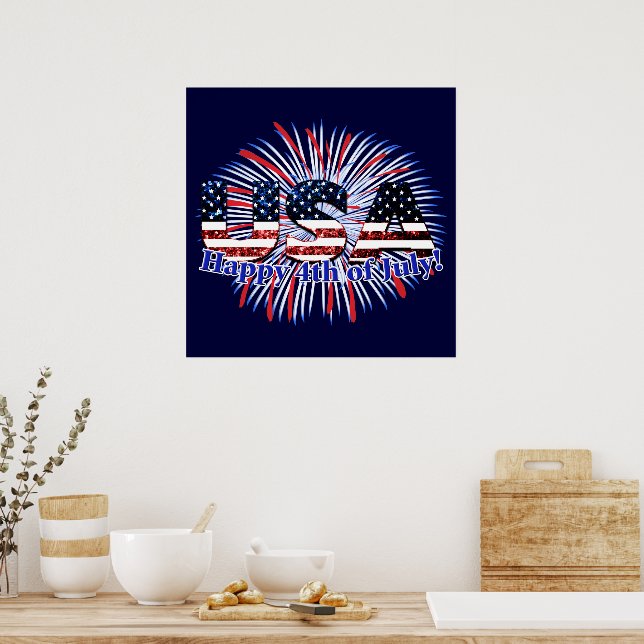 Poster texto da bandeira dos EUA brilha fogos de artifíci (Cozinha)