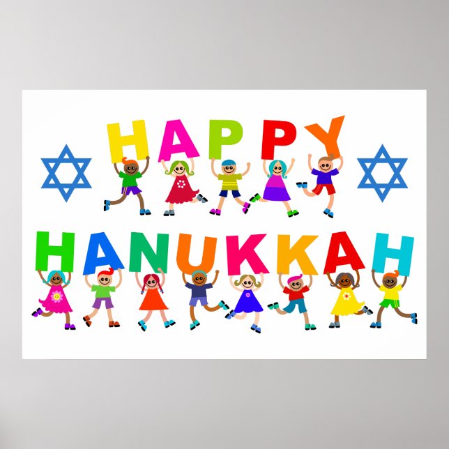 Poster Texto de Diversas Crianças Feliz Hanukkah (Frente)