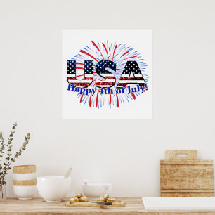 Poster texto EUA bandeira brilha fogos de artifício Feliz