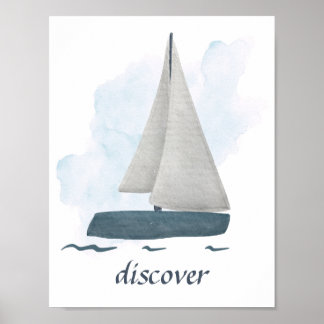 Poster Texto Personalizado Blue White Sailboat Náutico Po