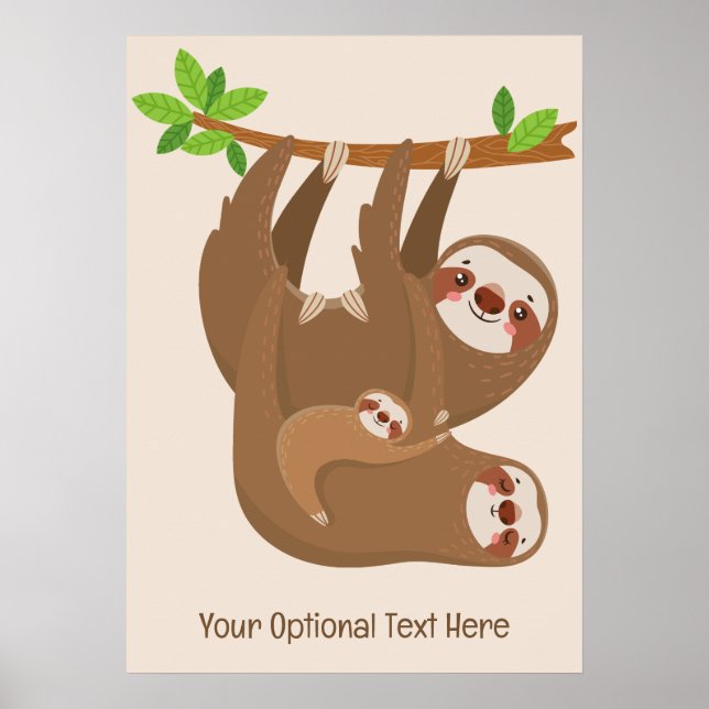 Poster Texto Personalizado & Cor Sloth Fofo (Frente)