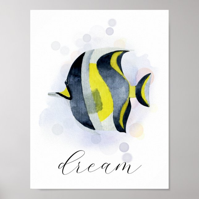 Poster Texto Personalizado Peixe Tropical Azul Amarelo Te (Frente)