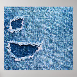 Poster Textura do tecido denim rasgada, matizes azuis.