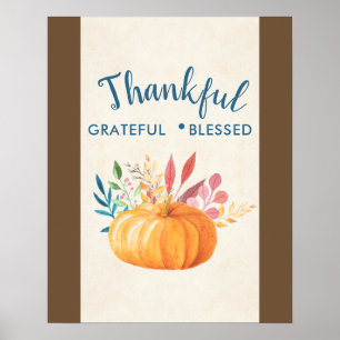 Poster Thankful Grateful Blessed with Orange Pumpkin