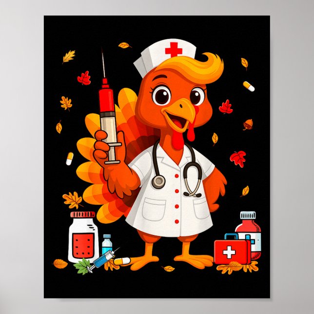 Poster Thankful Turkey Funny Scrub Nurse Fall Thanksgivin (Frente)