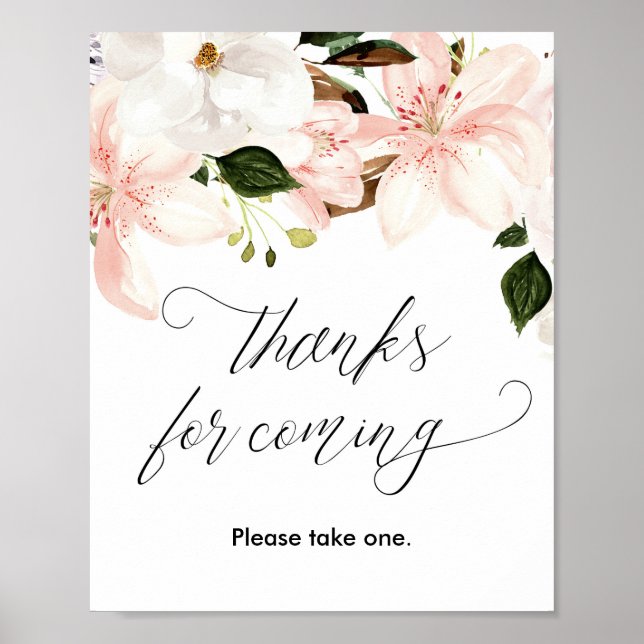 Poster Thanks for coming favors sign blush pink floral (Frente)