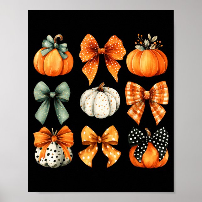 Poster Thanksgiving Autumn Fall Leaves Coquette Bow Pumpk (Frente)