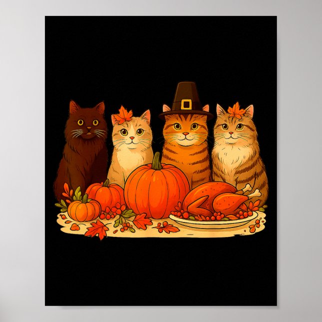 Poster Thanksgiving Cats Dinner Pumpkin Autumn Men Women  (Frente)