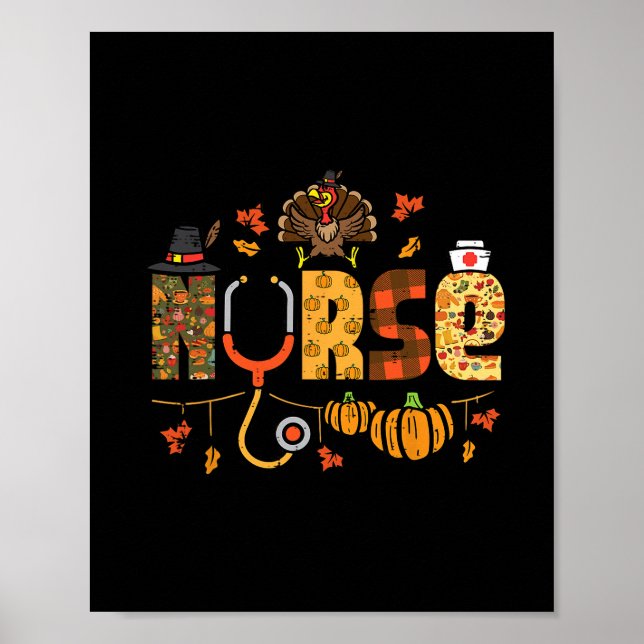 Poster Thanksgiving Nurse Stethoscope Fall Scrub Top Er M (Frente)