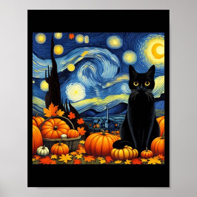 Poster Thanksgiving Van Gogh Starry Night Black Cat Pumpk (Frente)