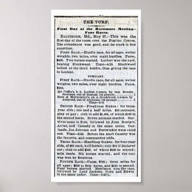 Poster The 1st Preakness -  New York Times May 28, 1873 (Frente)