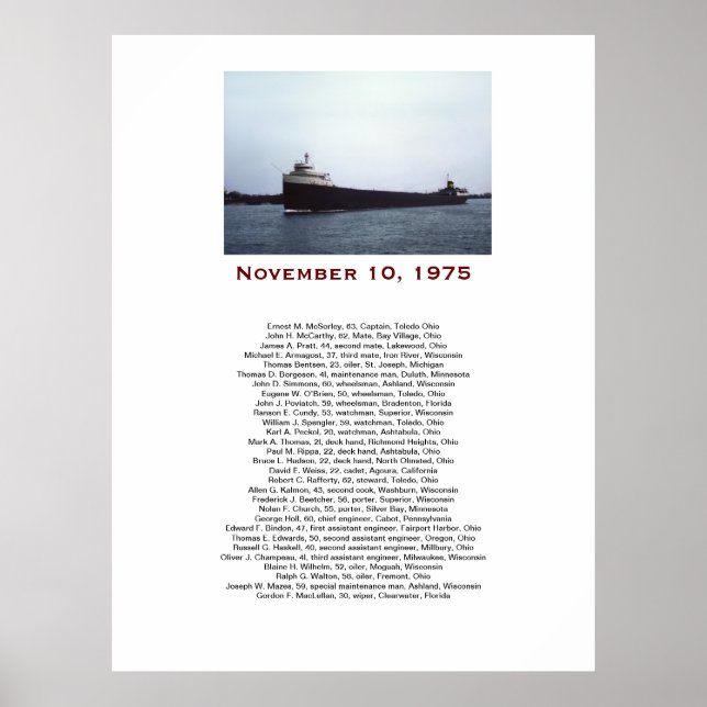 Poster The Edmund Fitzgerald com Nomes da Tripulação Caix (Frente)