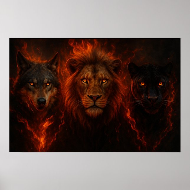 Poster The Fire Trio – Lion, Wolf, and Panther Power Art (Frente)