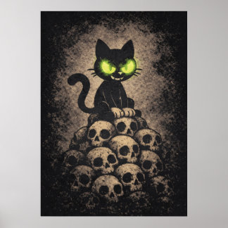 Poster The Last Hiss - Retro Cat On Skulls, Dark Cartoon